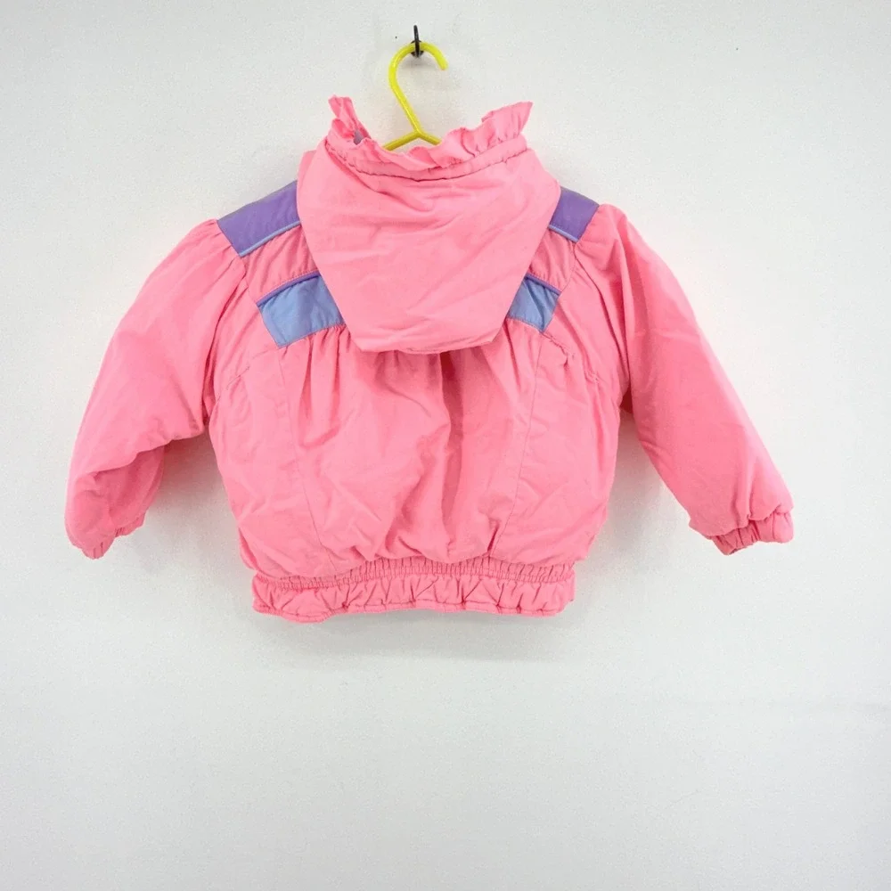 Vintage 80s Weather Tamer Girls Pink Hooded Puffer Jacket Heart Embroidery 12M